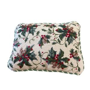 Embroidered Holly Christmas Decorative Handmade Pillow 12inx16in